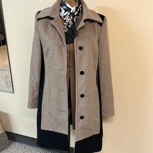 Calvin Klein Wool Blend Coat Knee Length Color Block Tan & Black Size 10